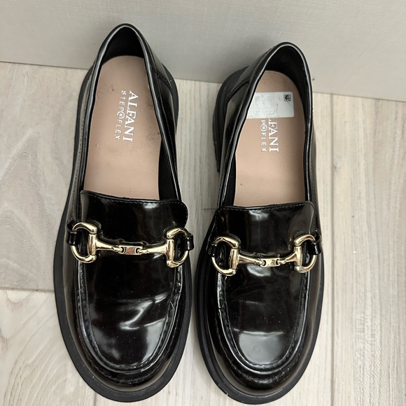 Women's Black Patent Loafers with Gold Accent - Picture 1 of 6
